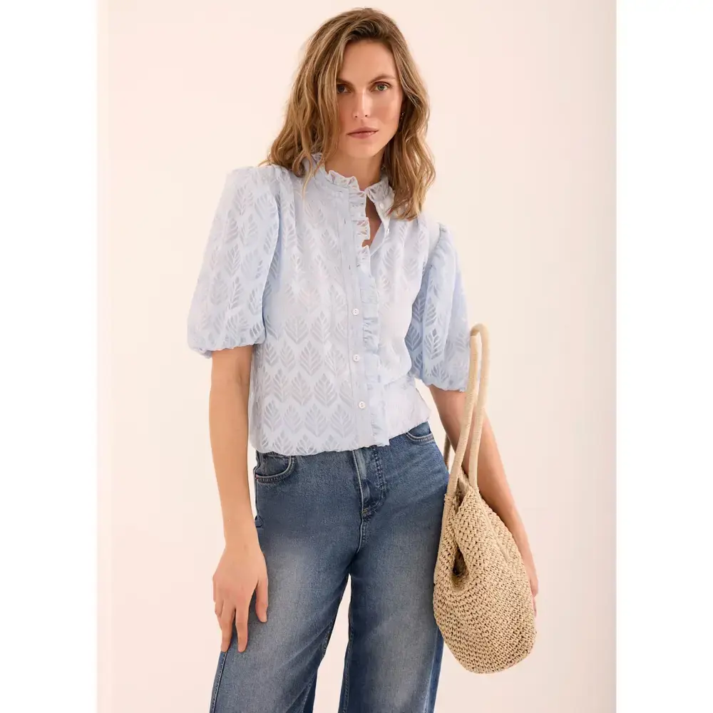 Mint Velvet Blue Jacquard Ruffle Blouse